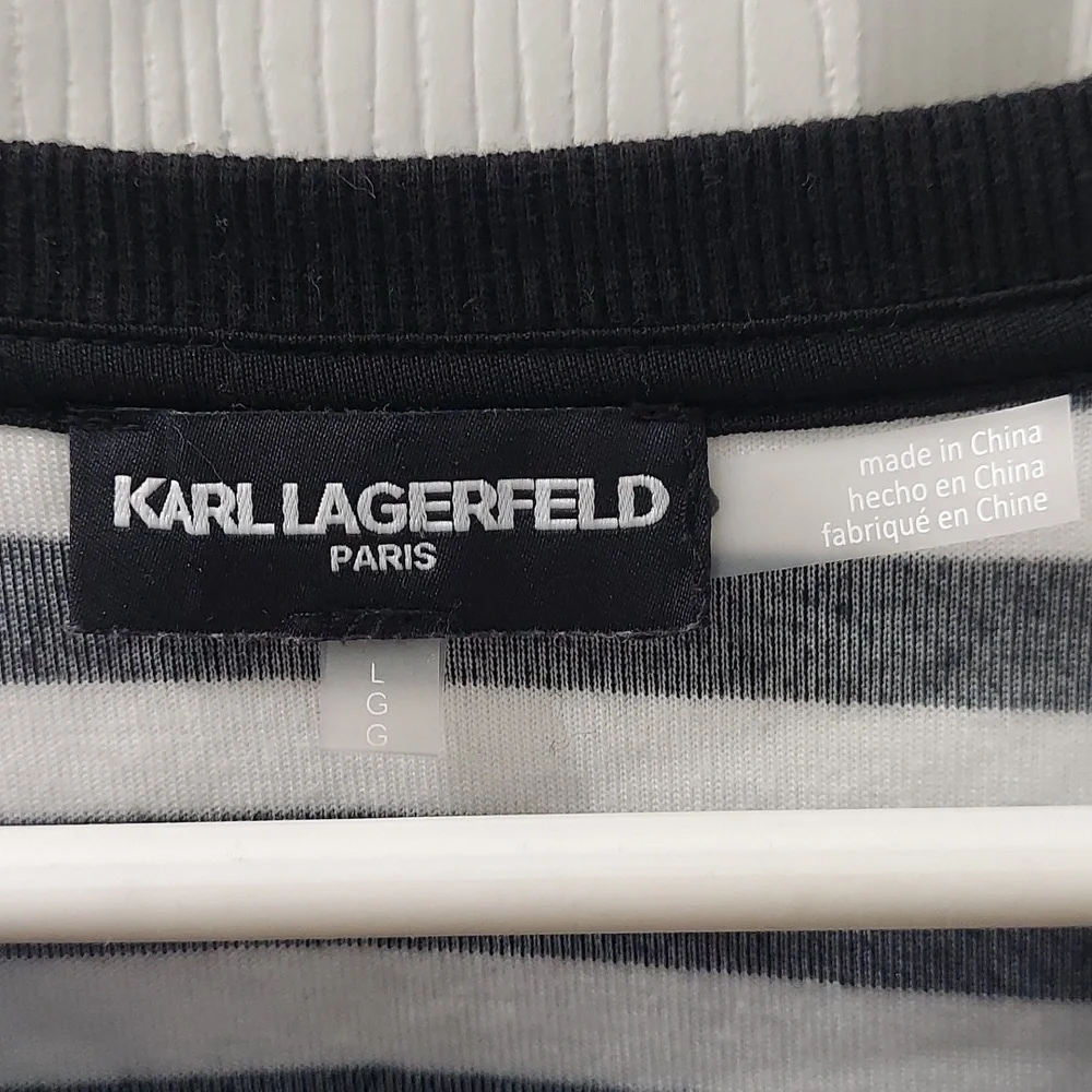 Karl Lagerfeld Womens Black and White Striped Crew Neck Sweater Soft Lar…